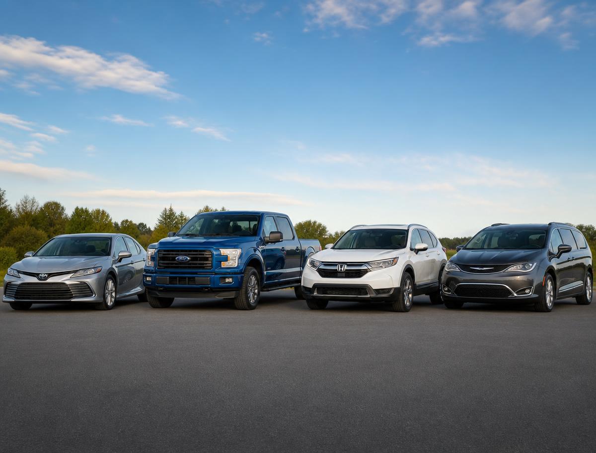 A modern lineup of everyday vehicles including a sedan, pickup truck, SUV, and minivan